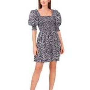 MSK Cotton Printed Puff-Sleeve Smoked-Bodice Mini Dress MED NWT